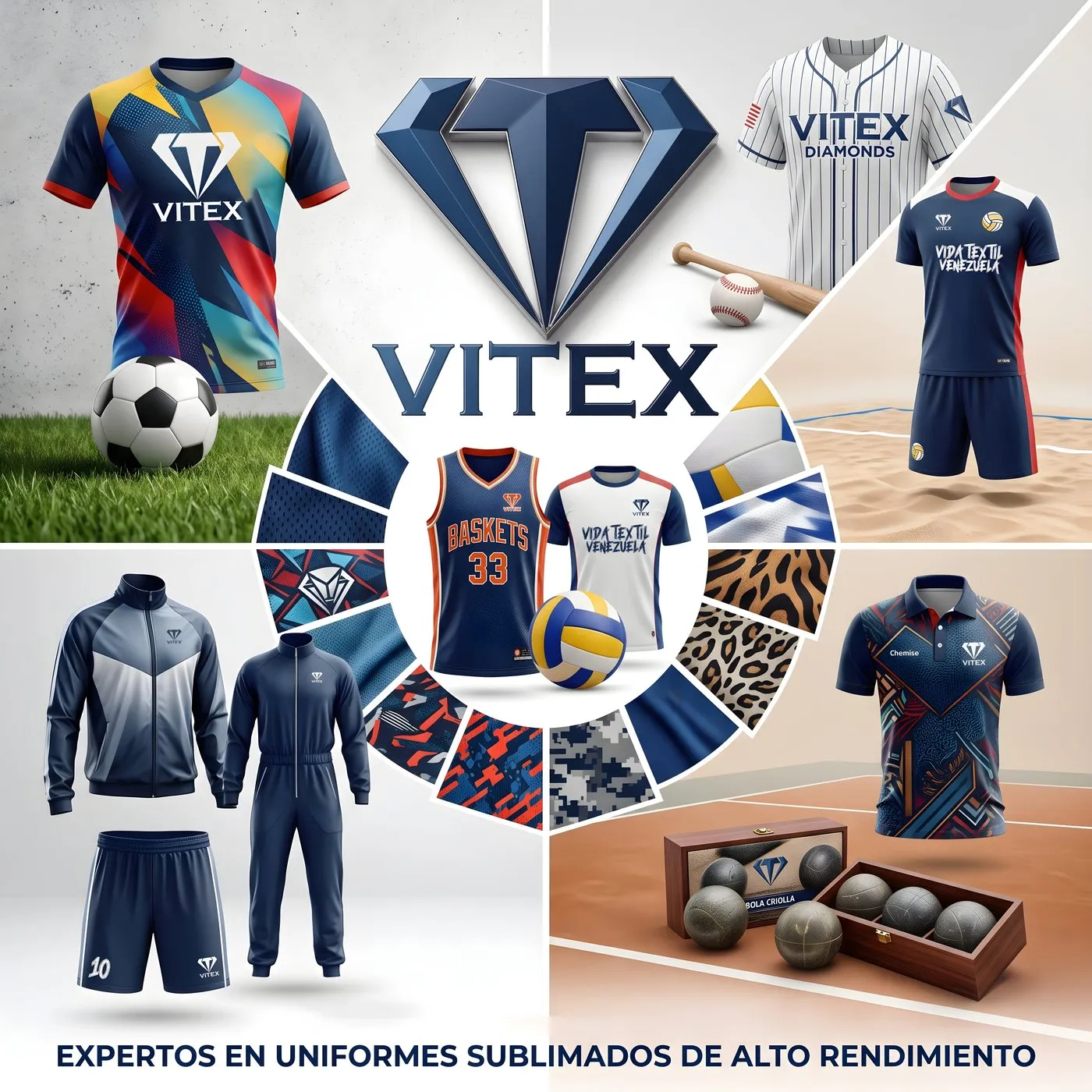 Muestrario de la marca VITEX: uniformes de fútbol, béisbol, voleibol, chaqueta deportiva y chemise